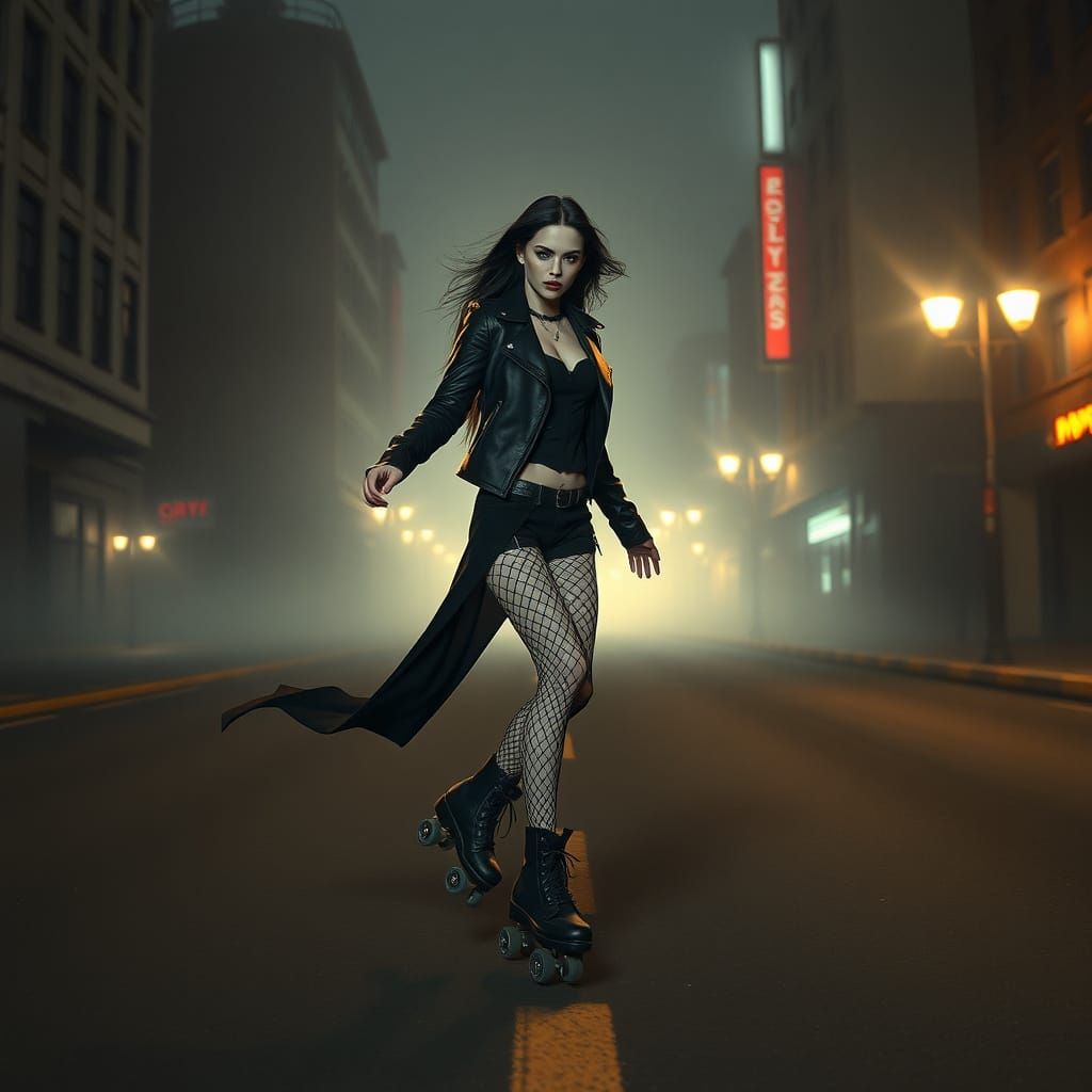 Gothic Female Vampire Glides Through Futuristic City Streets