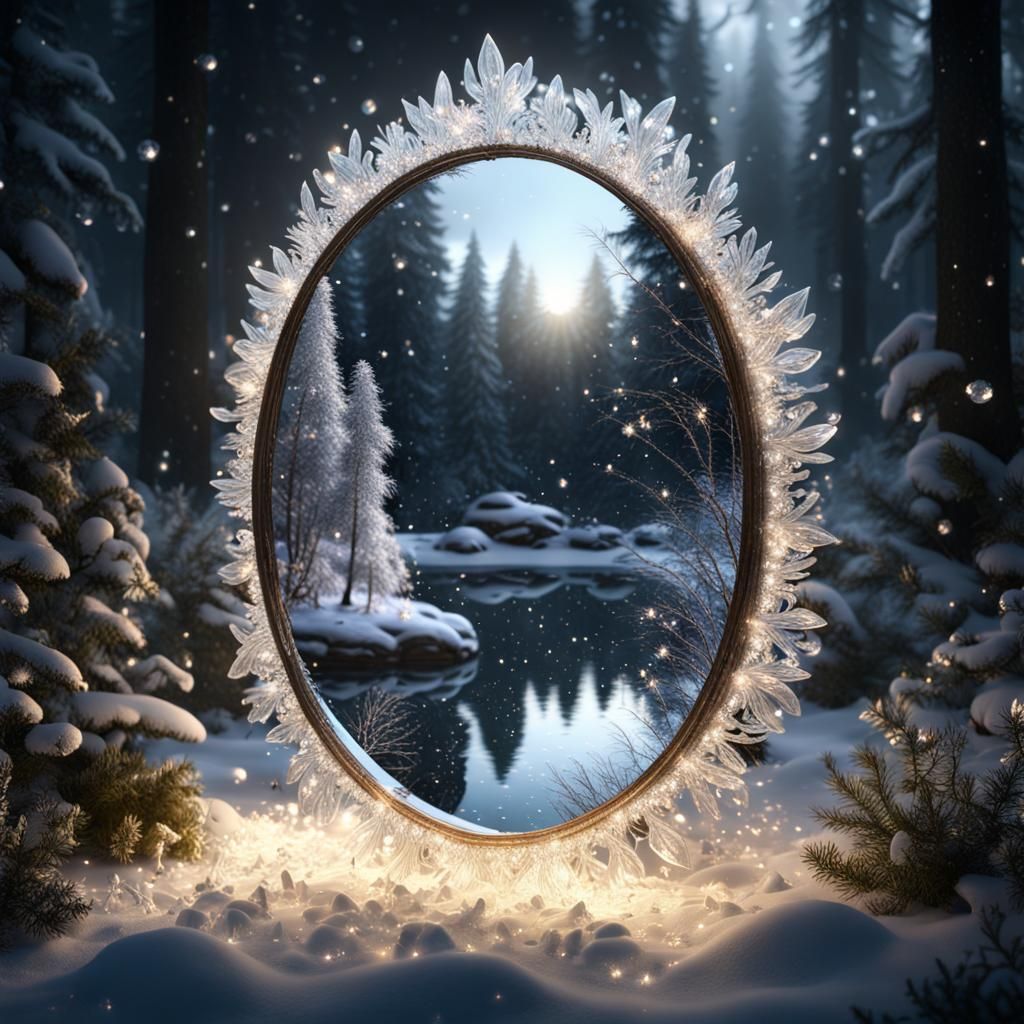 Crystal Mirror Reflecting Winter Fairy Gems Landscape