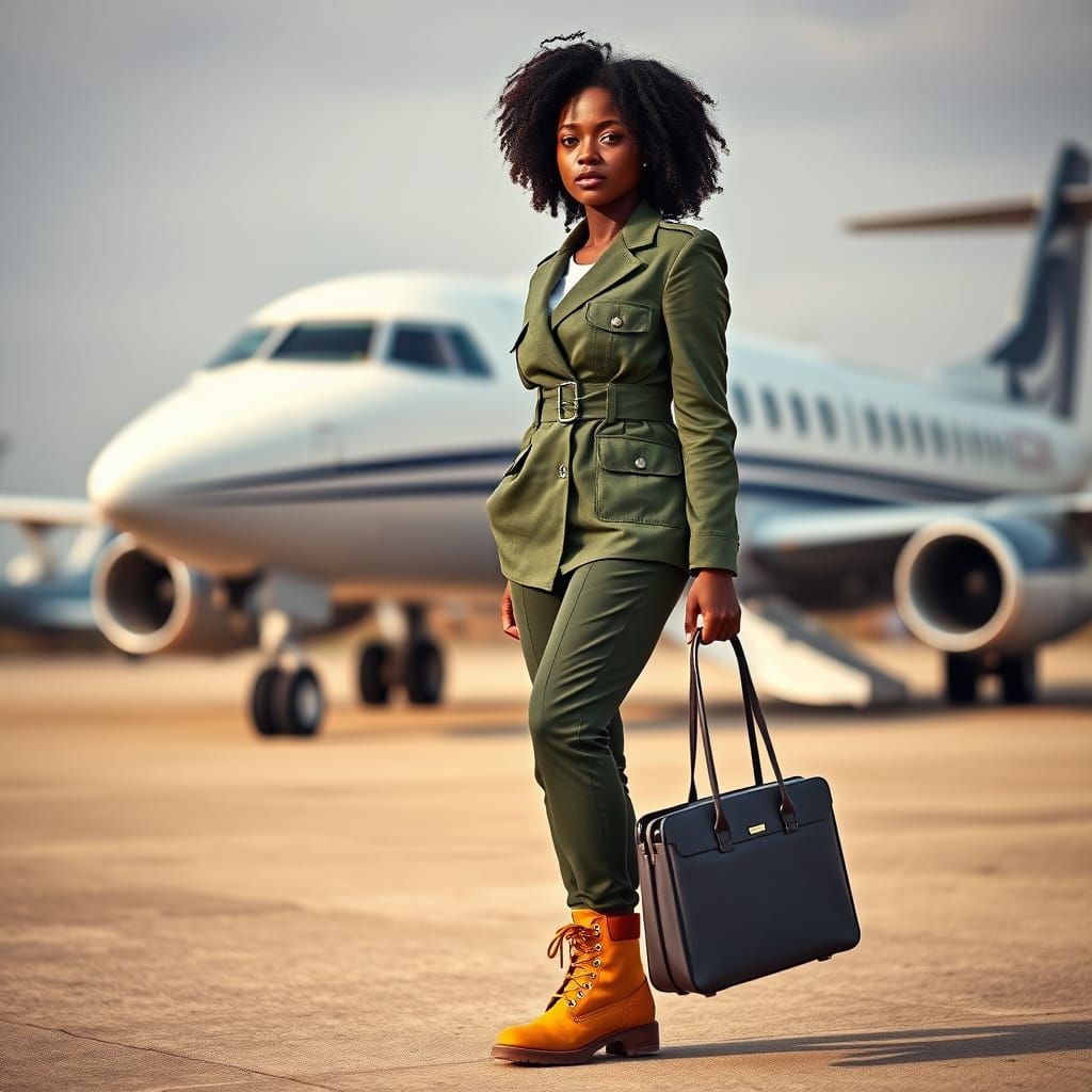 Young Woman in Green Suit Before Airplane, Professional Phot...