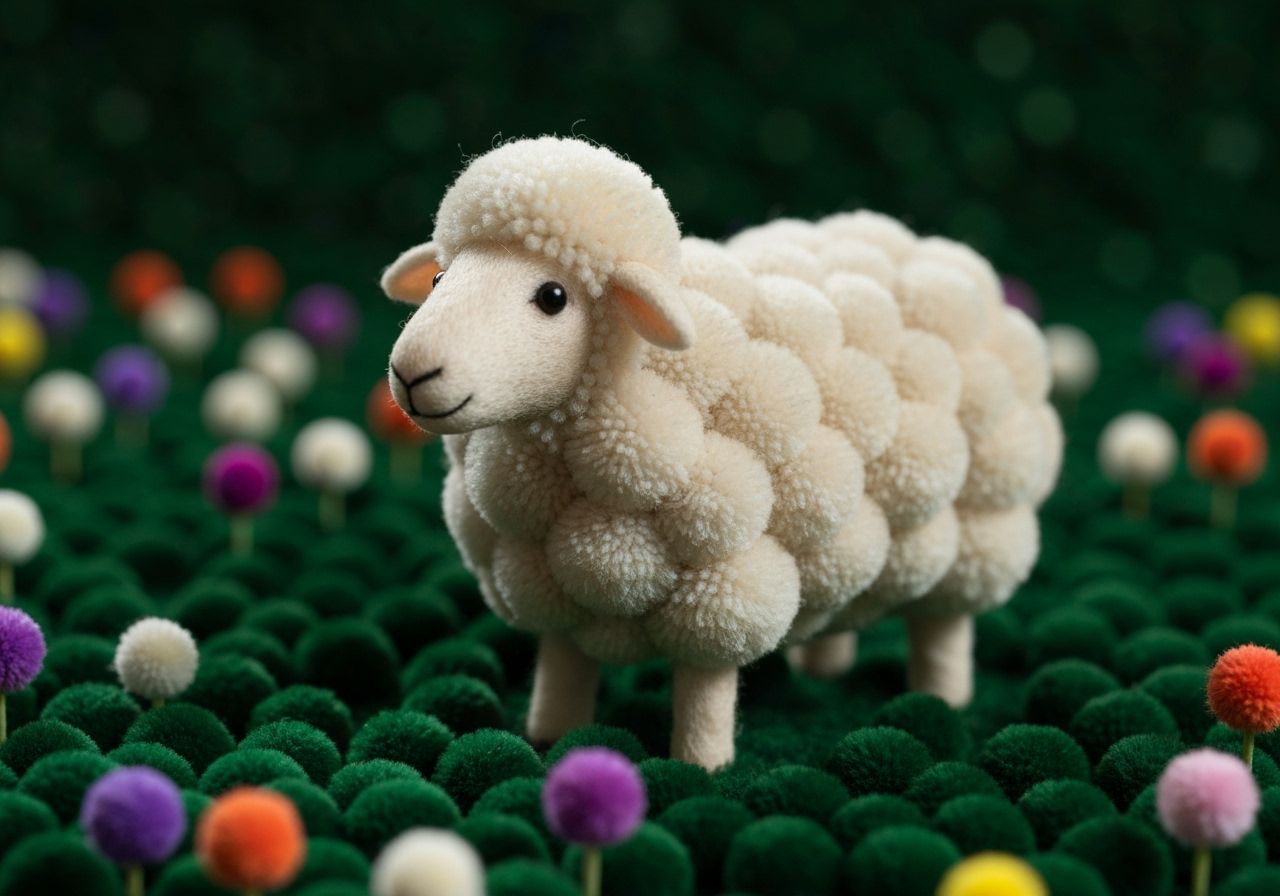 Fantasy Pom-Pom Sheep in Colorful Meadow