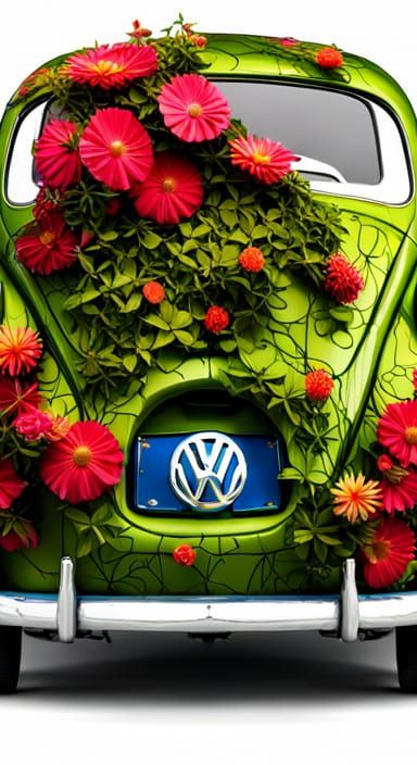 Vintage-VW-BUG overgrown with flowering morning-glories