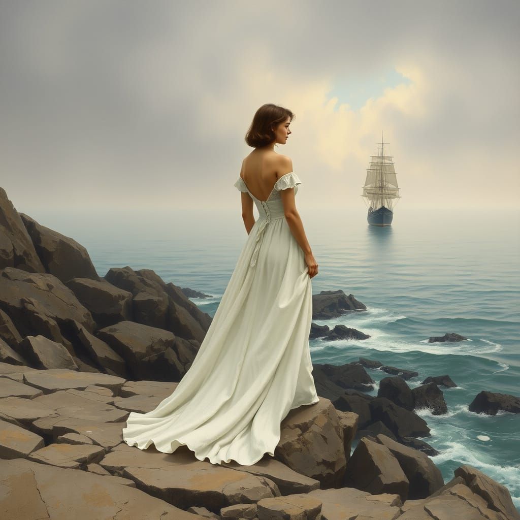 Woman Awaits Ship on Rocky Coastline