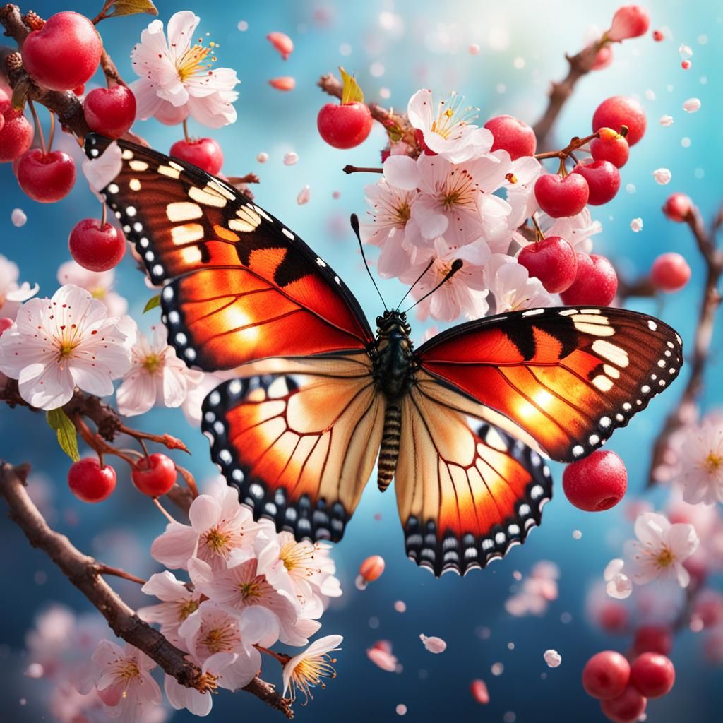 Butterfly and Cherry Blossoms in Hyperrealistic Style