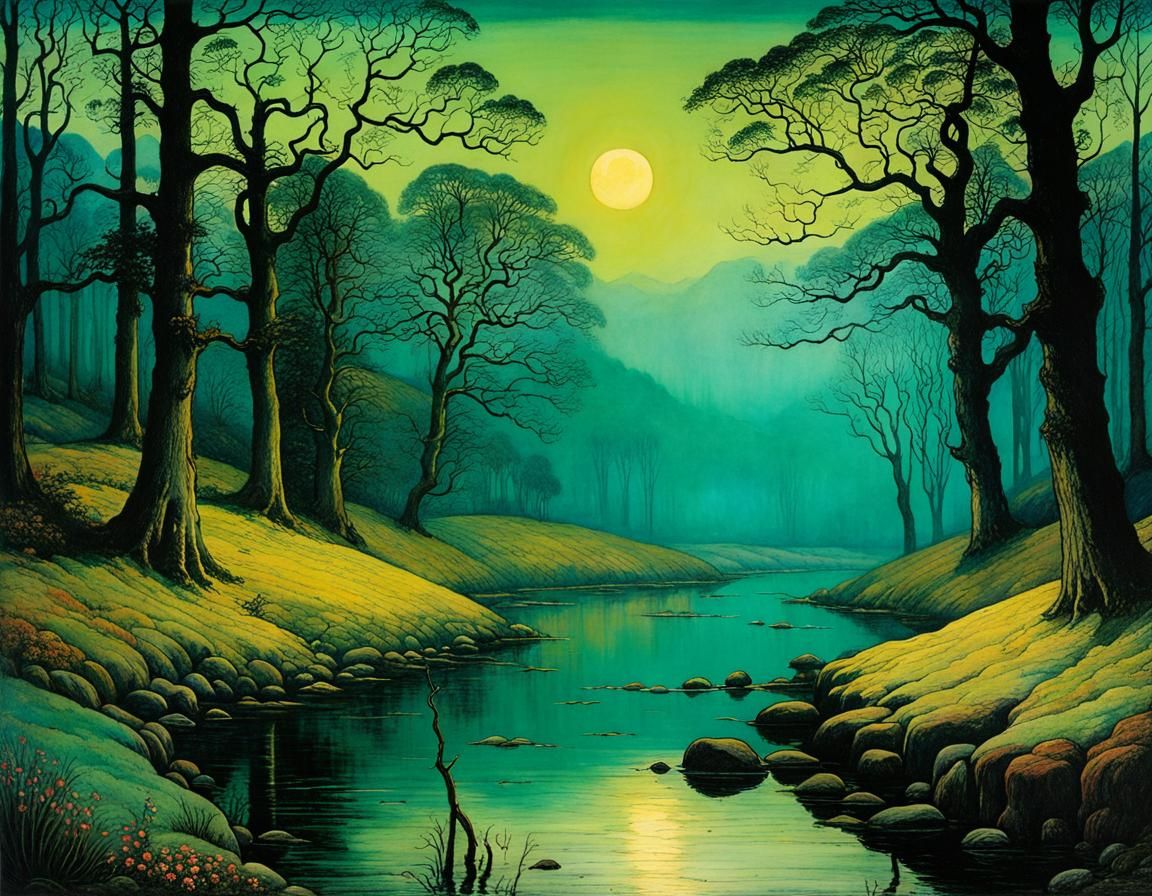 Dreamy Moonlit Landscape in Neo-Romantic Style