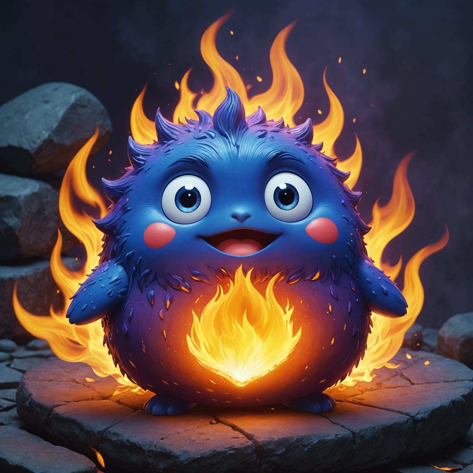 Cute Blue Anime Fire Spirit Character