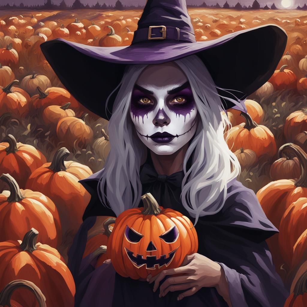 Halloween Witch in Pumpkin Field: Hyperrealistic Concept Art