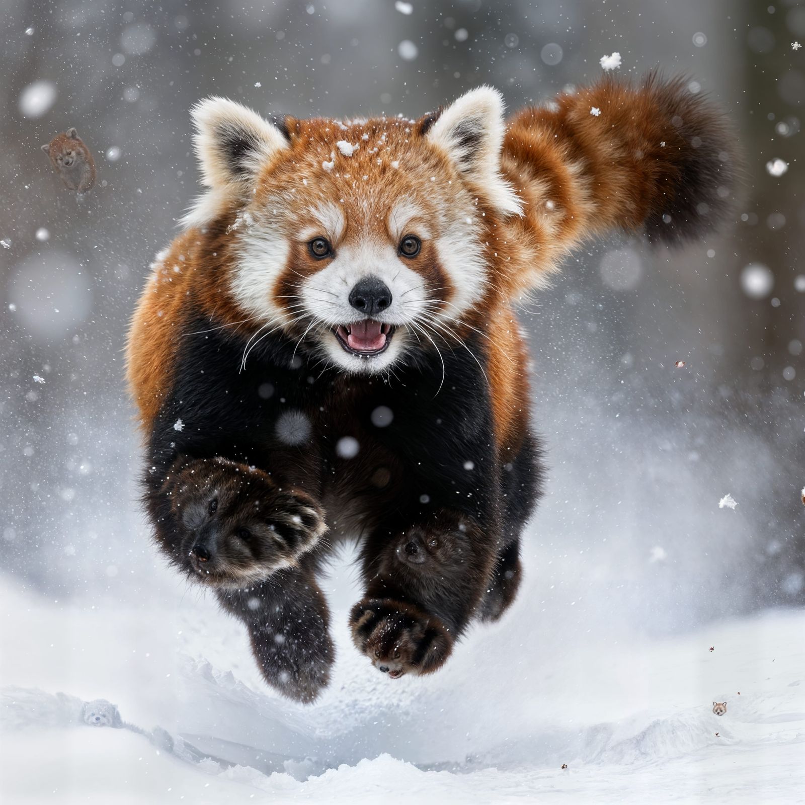 Happy Red Panda Leaps Through Snowy Air