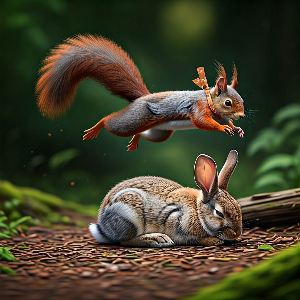 Agile Squirrel Leaps Over Sleeping Rabbit