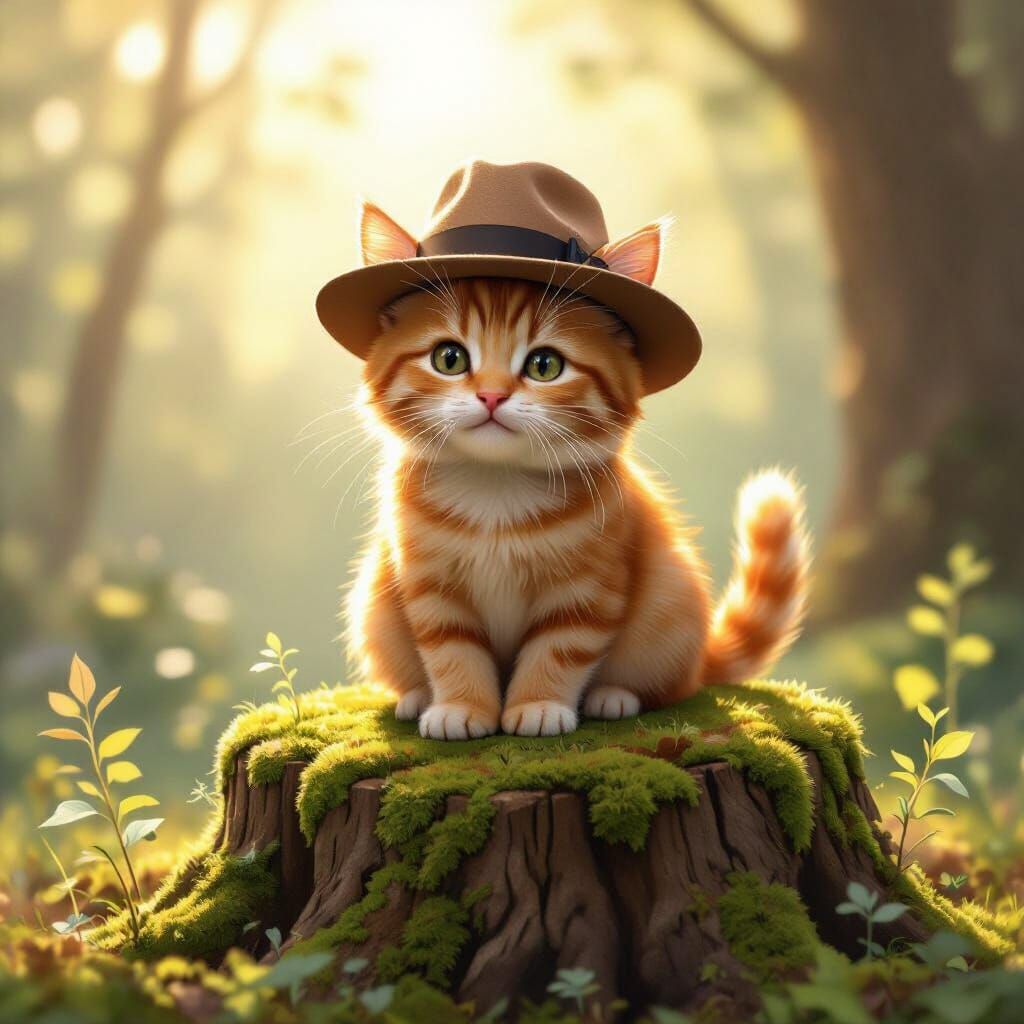 Ginger Cat in Fedora, Whimsical Digital Art