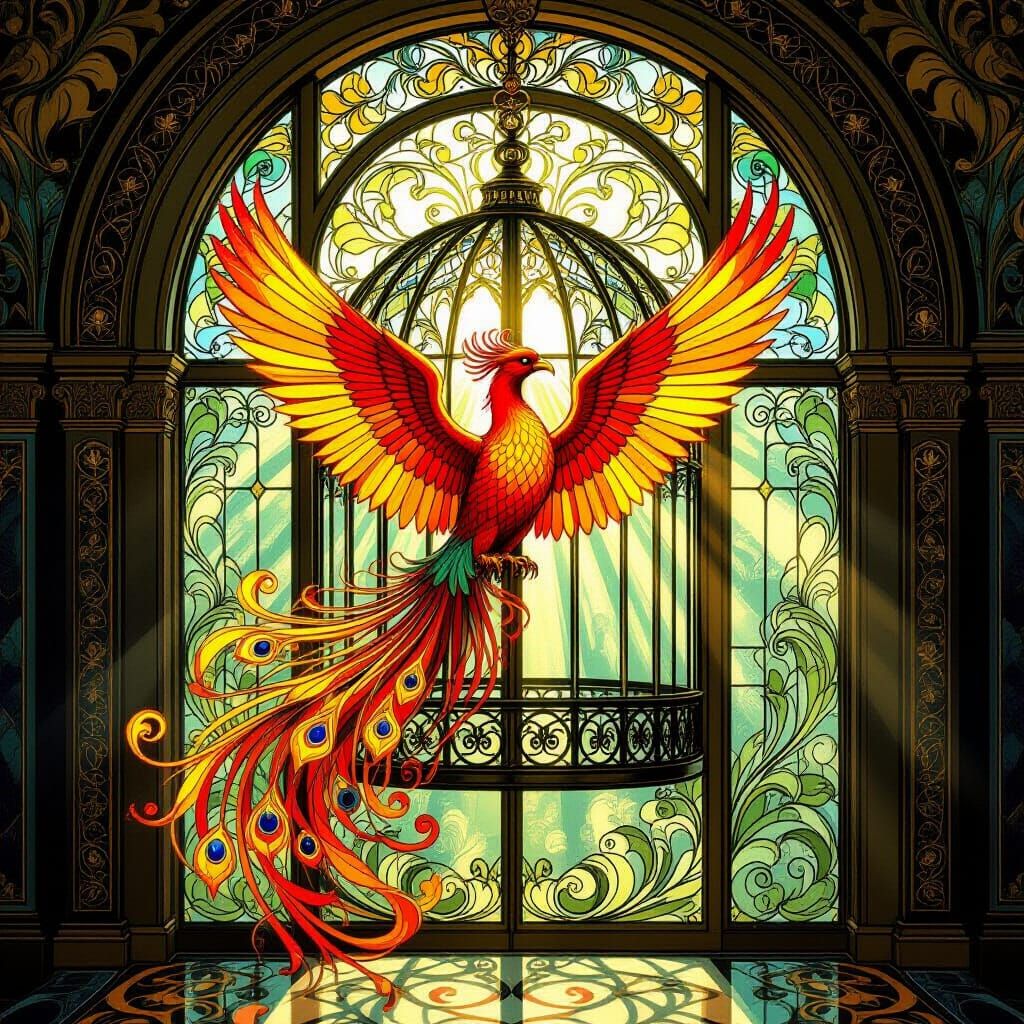 Art Nouveau Phoenix in Stained Glass Birdcage