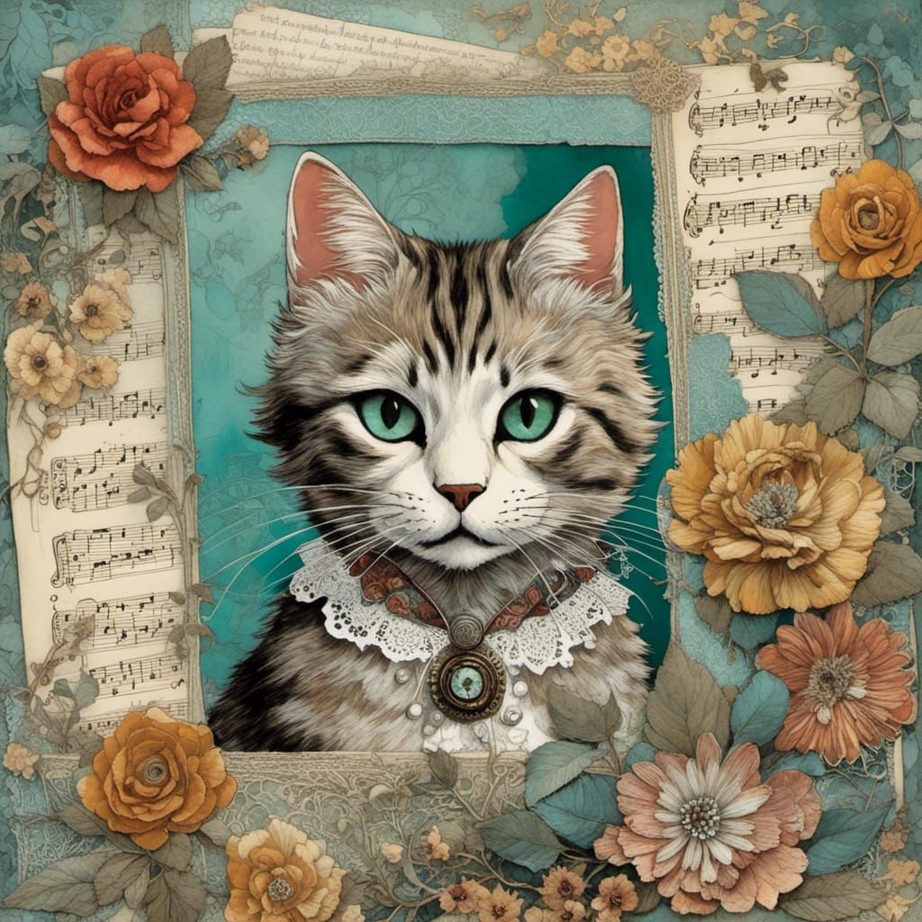 Cute Cat Paper Collage with Lace and Fabric
