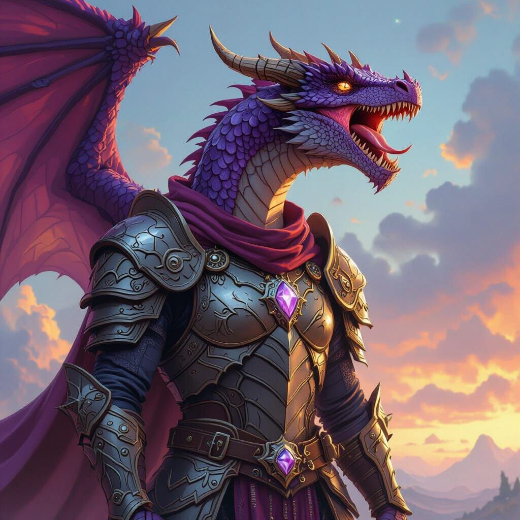 Amethyst Dragonborn Paladin Roaring, Digital Art