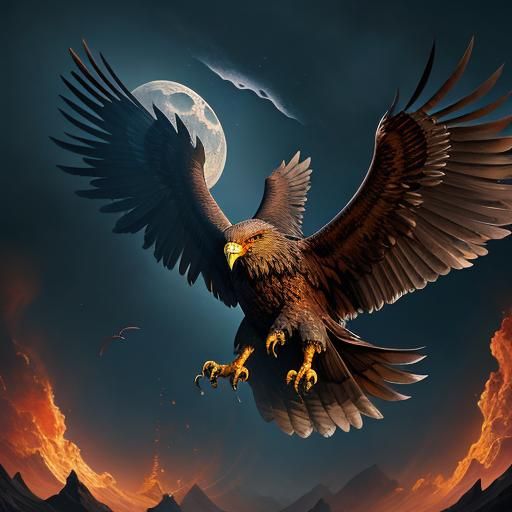 Fiery Eagle Soaring Under the Moon: Digital Painting