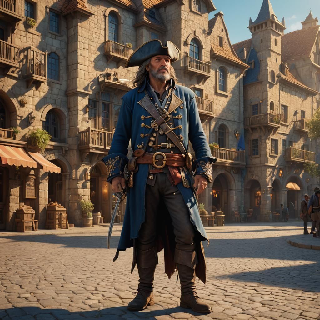 Man in Pirate Attire in Town Square