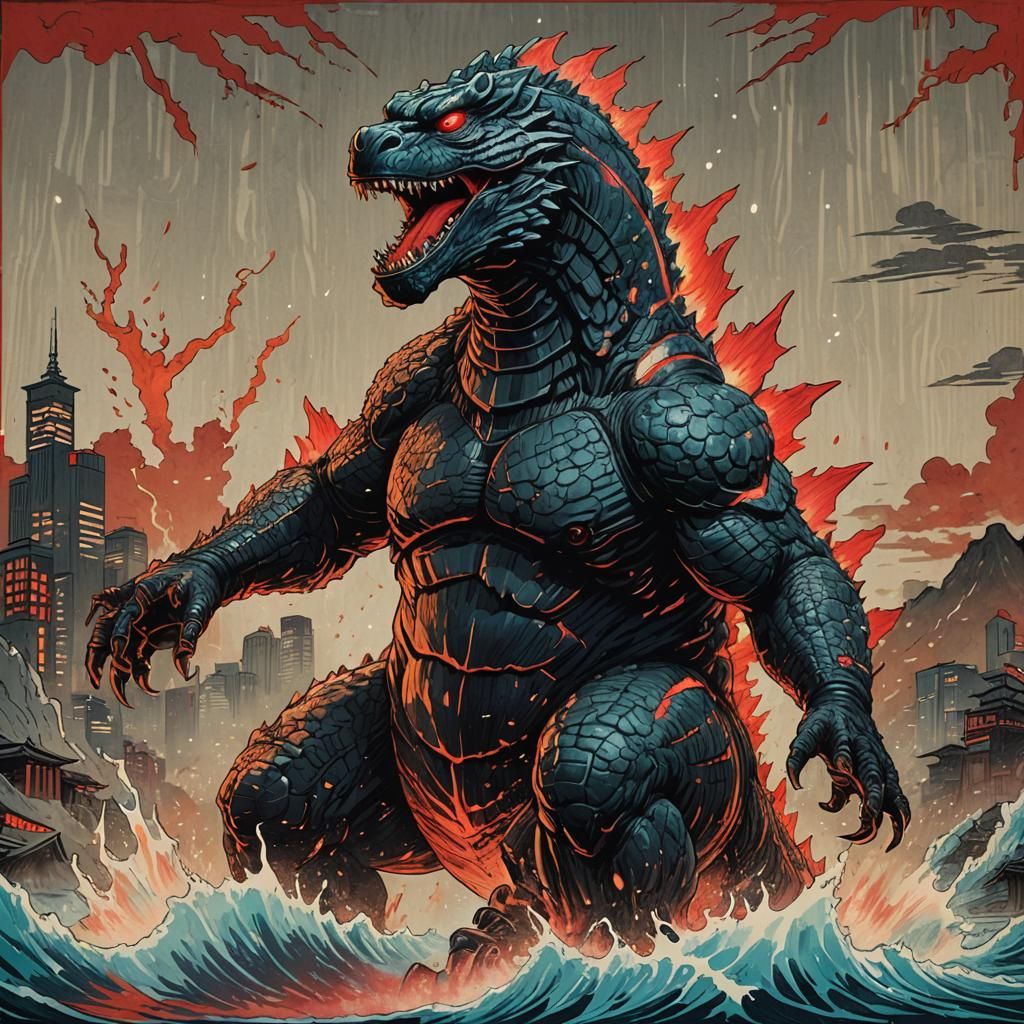 Godzilla in Ukiyo-e Style with Bioluminescence