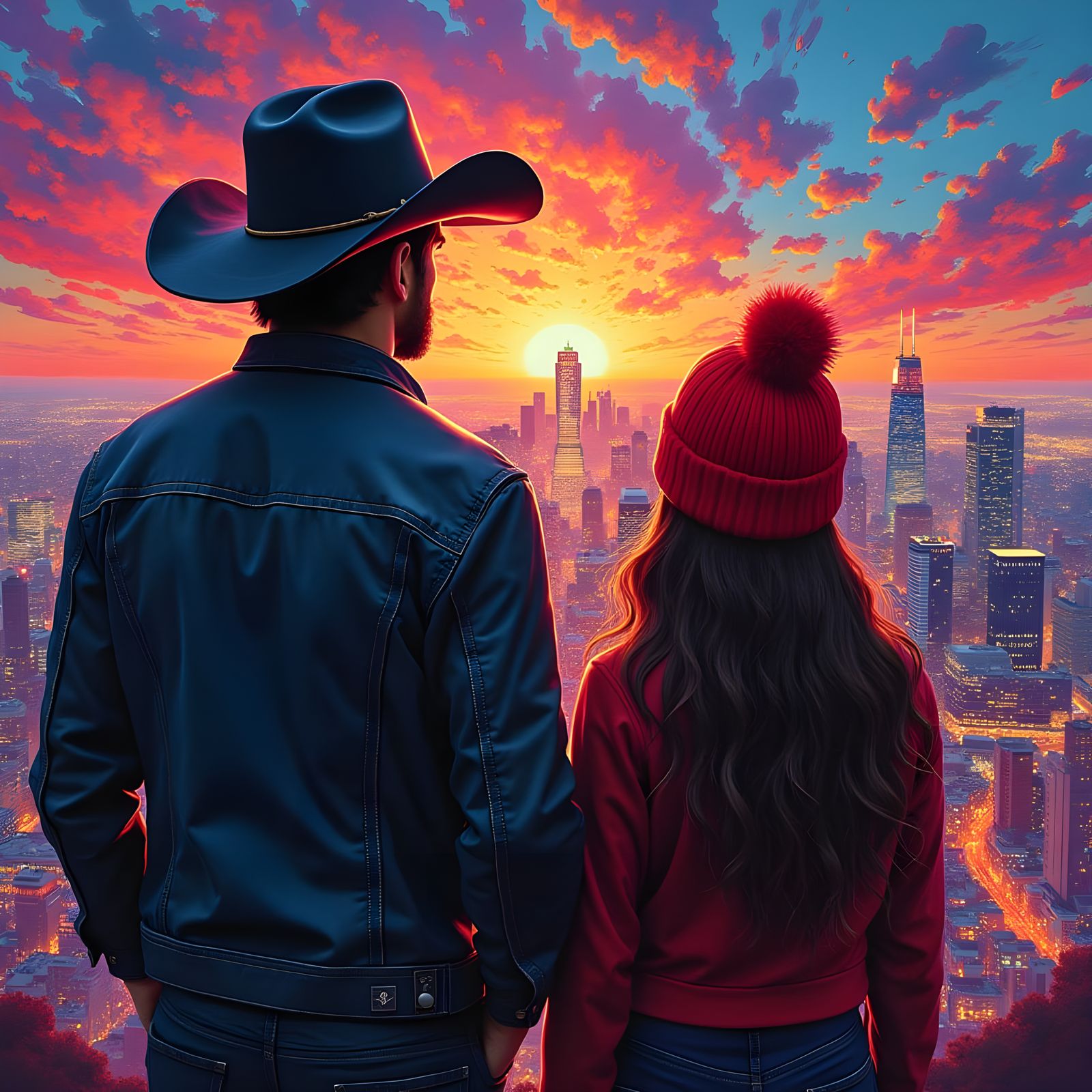 Cowboy and Redhead Stand Tall in Neon Cityscape