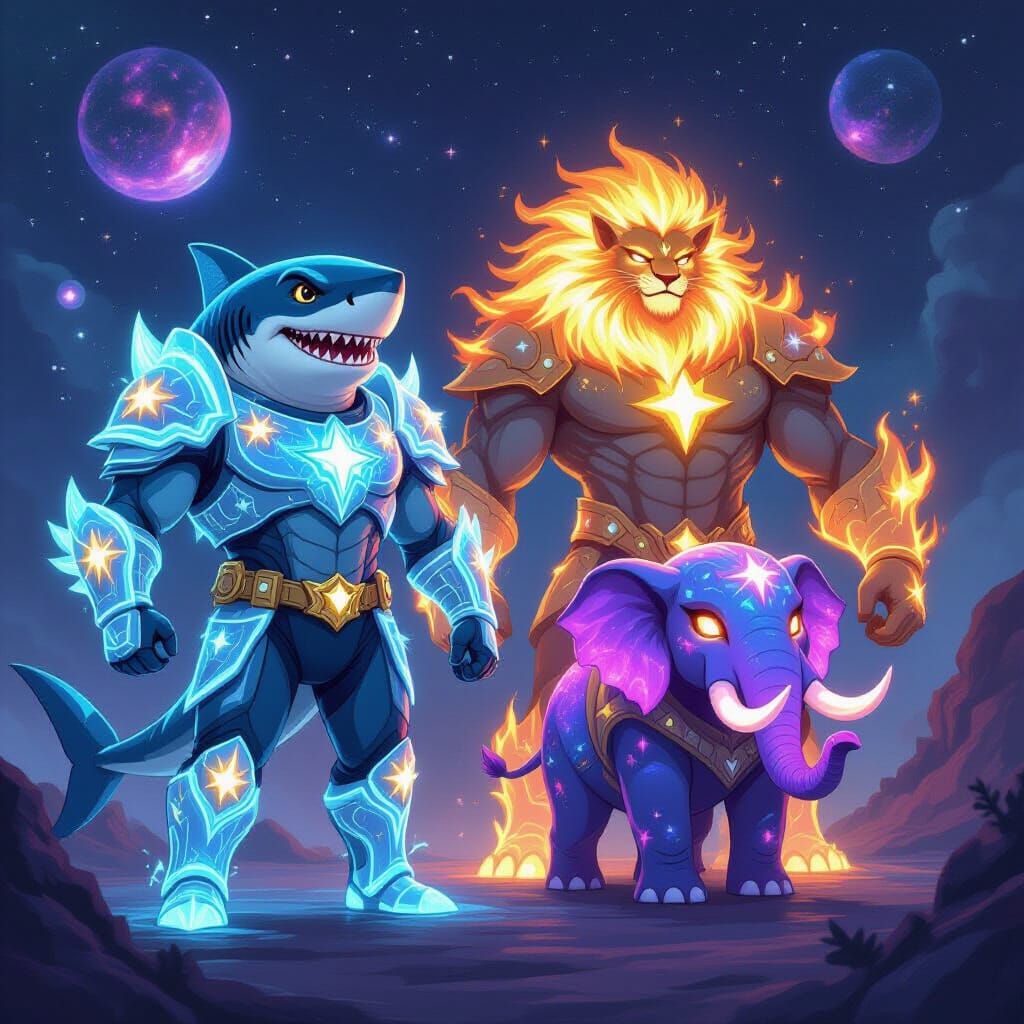 Cosmic Shark Warrior, Solar Lion, and Galactic Elephant