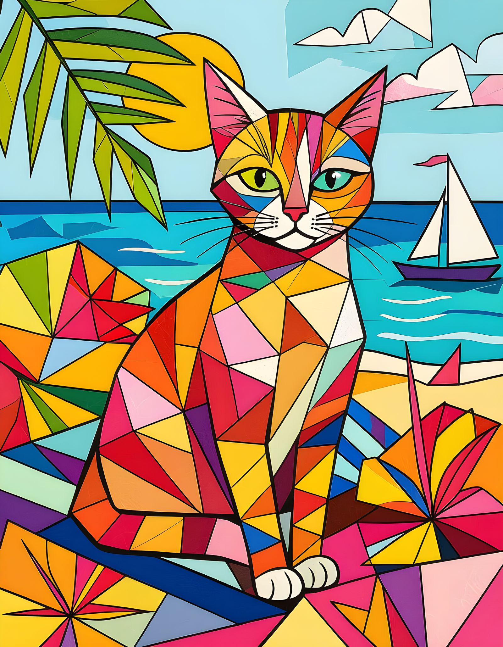 Cubist Cat Amidst Tropical Jungle Flowers