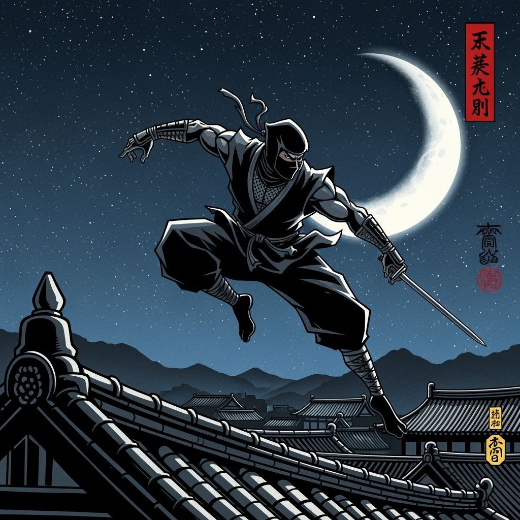 Ninja Warrior Leaping Across Rooftops in Ukiyo-e Style