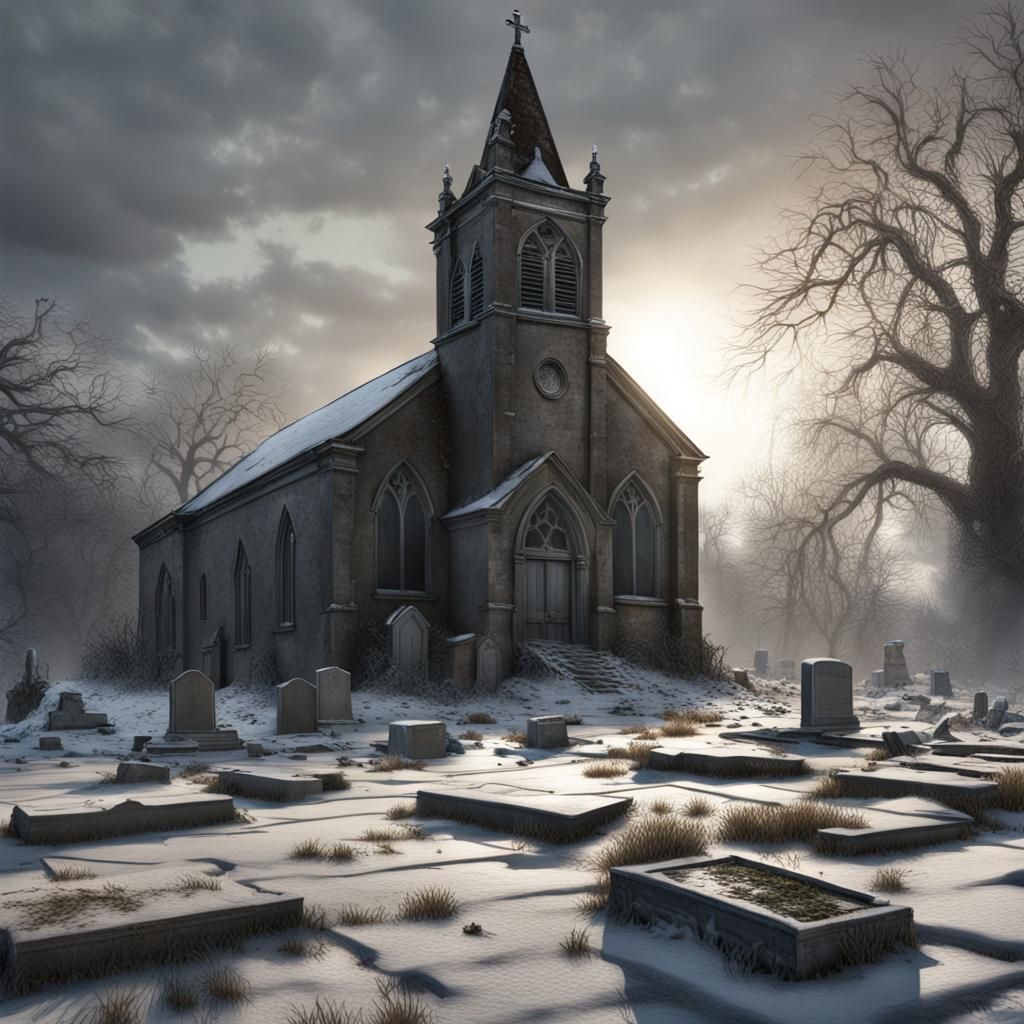 Abandoned Church and Graveyard in Winter Snow