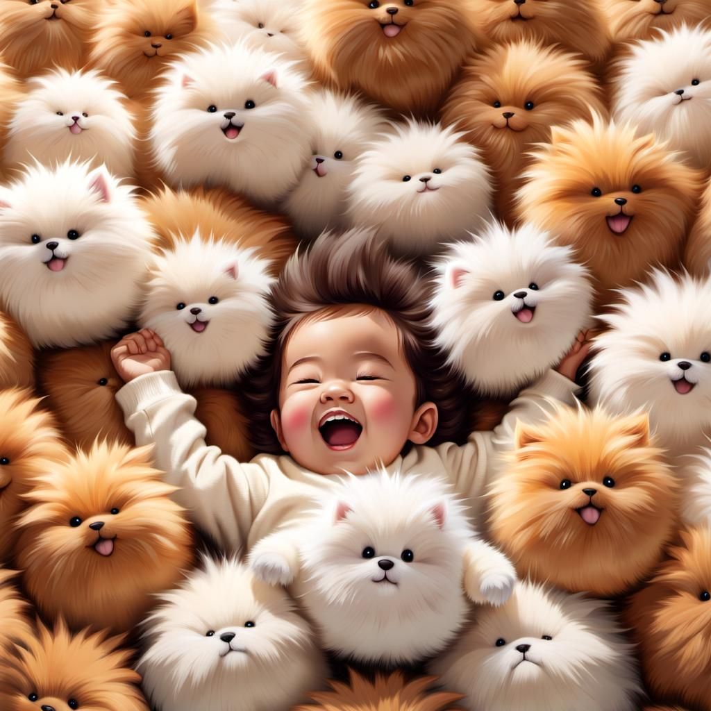 Child's Joyful Fall on Pile of Fuzzy Tribbles