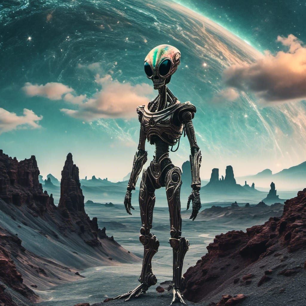 Alien Explorer in Sci-Fi Nebula Landscape