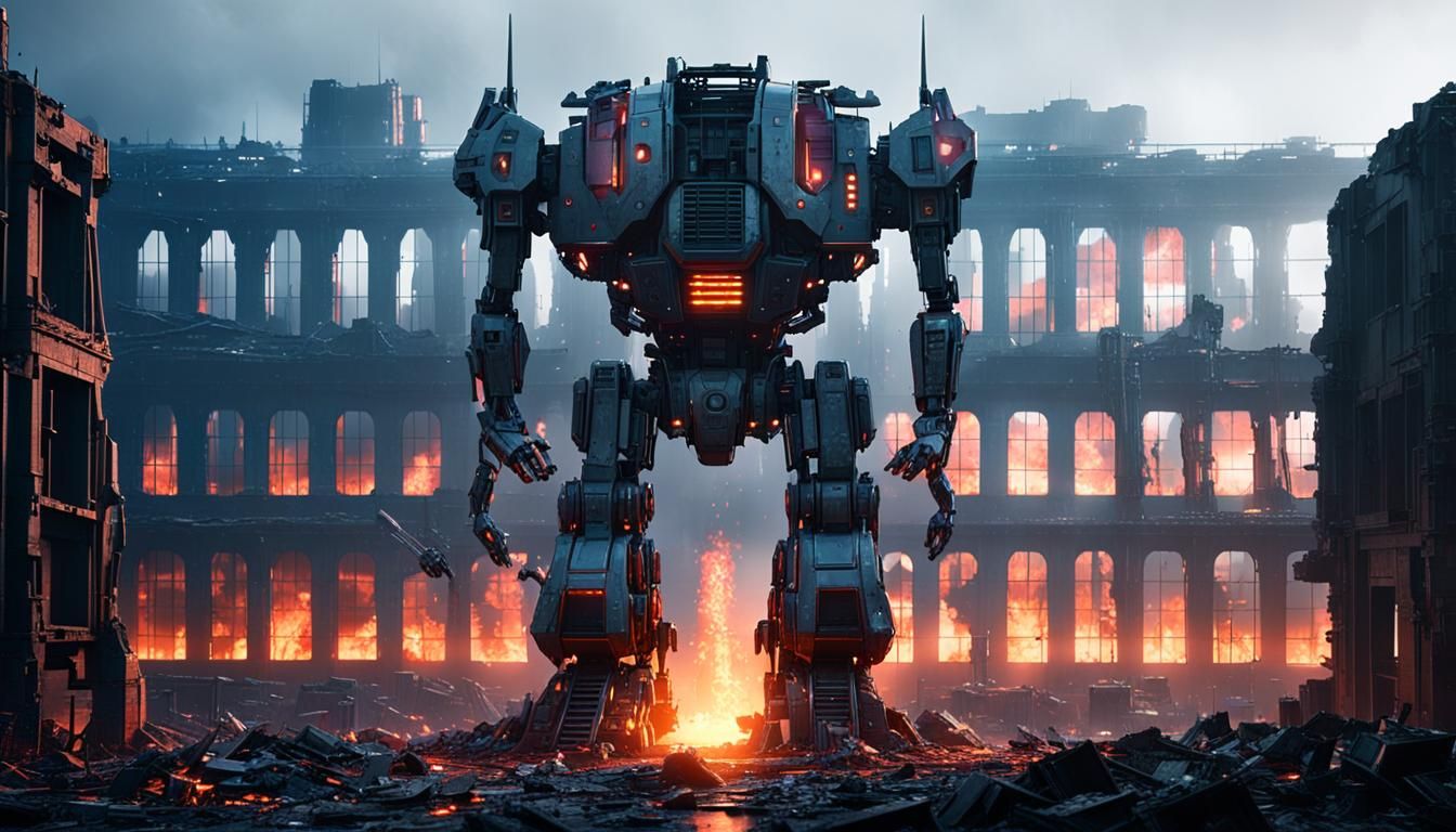 Sci-Fi Mech in Ruined Cityscape: Hyperrealistic Art