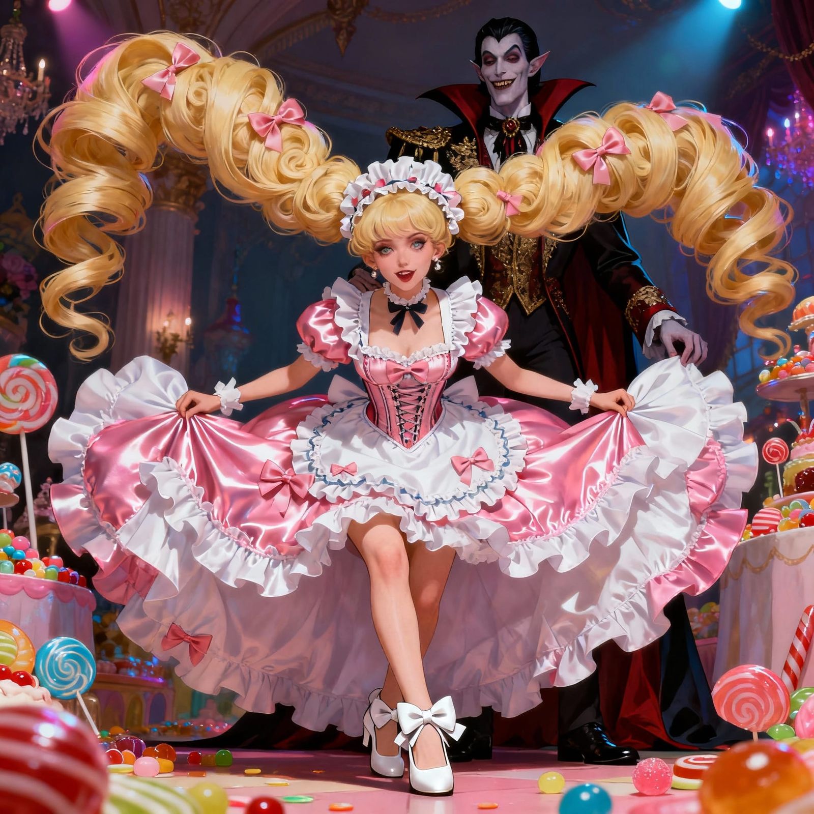 Whimsical French Maid and Vampire King in Candy Art Style