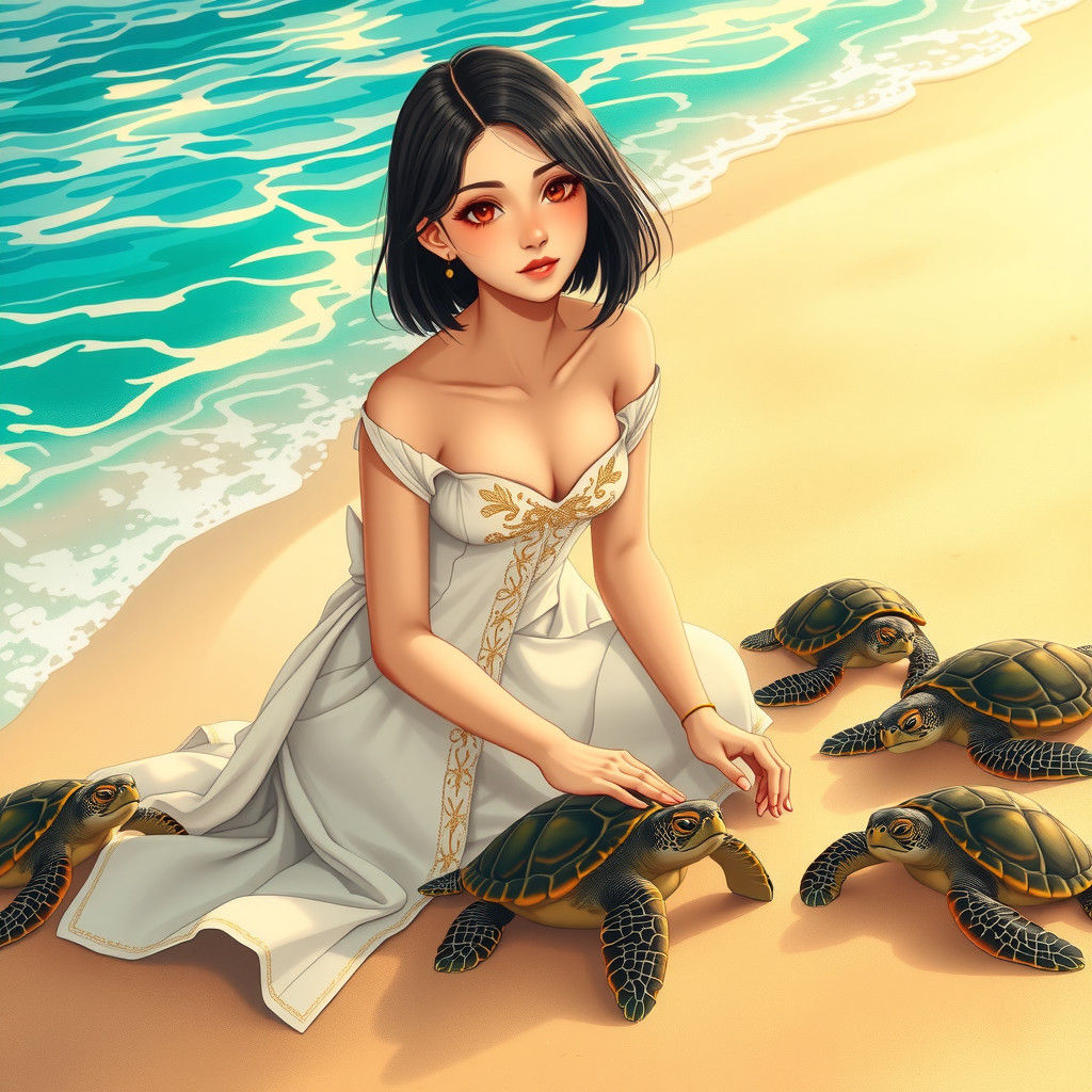 Woman and Turtles on Beach in Anime Style