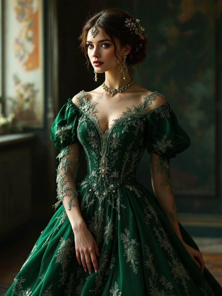 Emerald Green Beaded Bridal Gown in Klimt Style