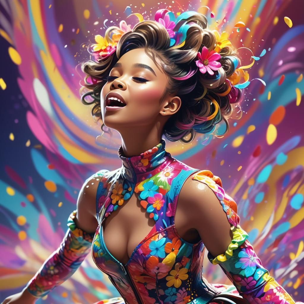Energetic Singer in Floral Outfit: Pop Art Portrait