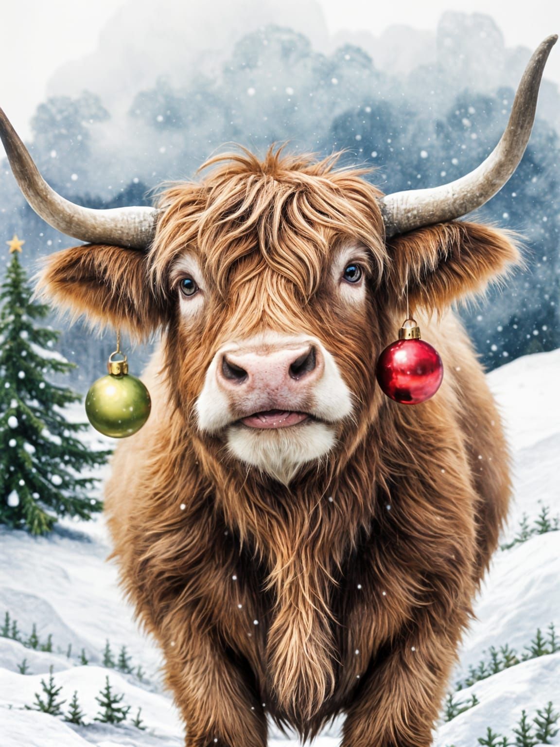 Festive Highland Cow with Christmas Baubles