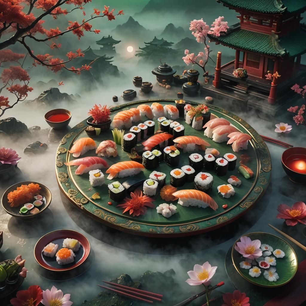Sushi on Moonlit Temple Table: Fantasy Concept Art
