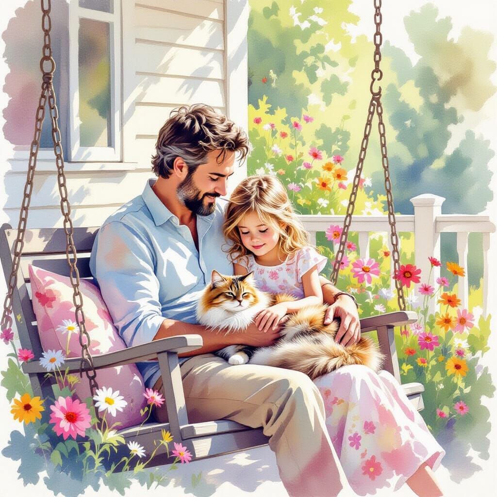 Father Daughter Porch Swing Moment with Cat in Watercolor St...