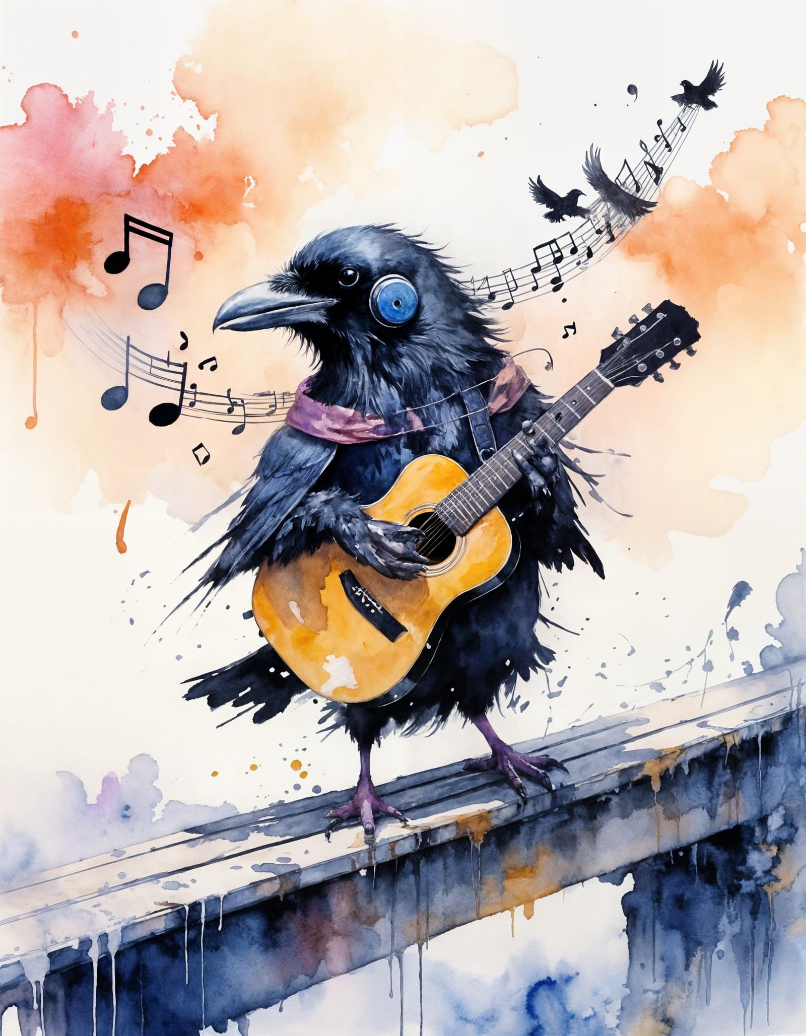 Surreal Watercolour Musician Raven, Agnes Cecile Style