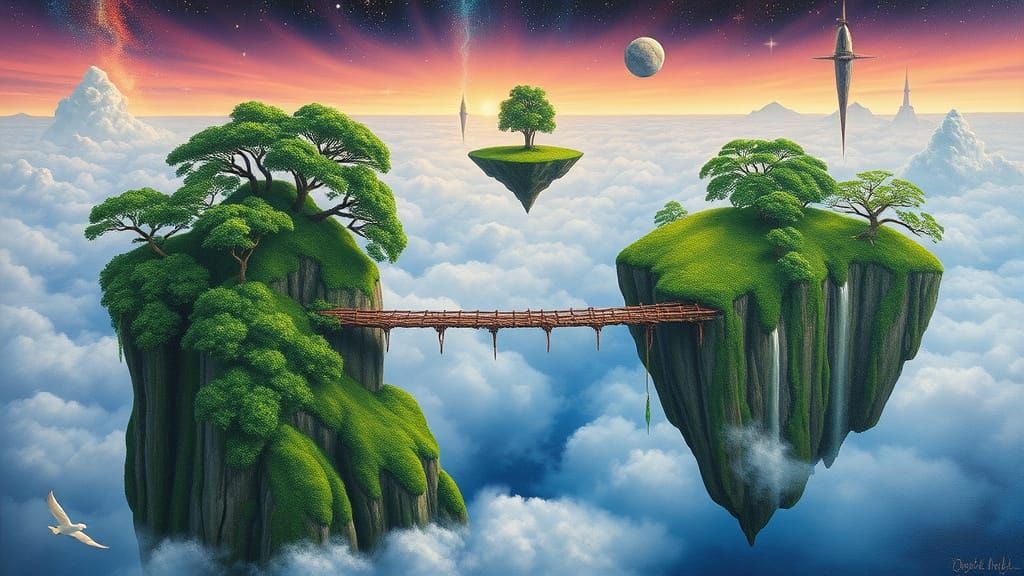 Floating Islands Connected by Jewel Bridge in Surreal Style