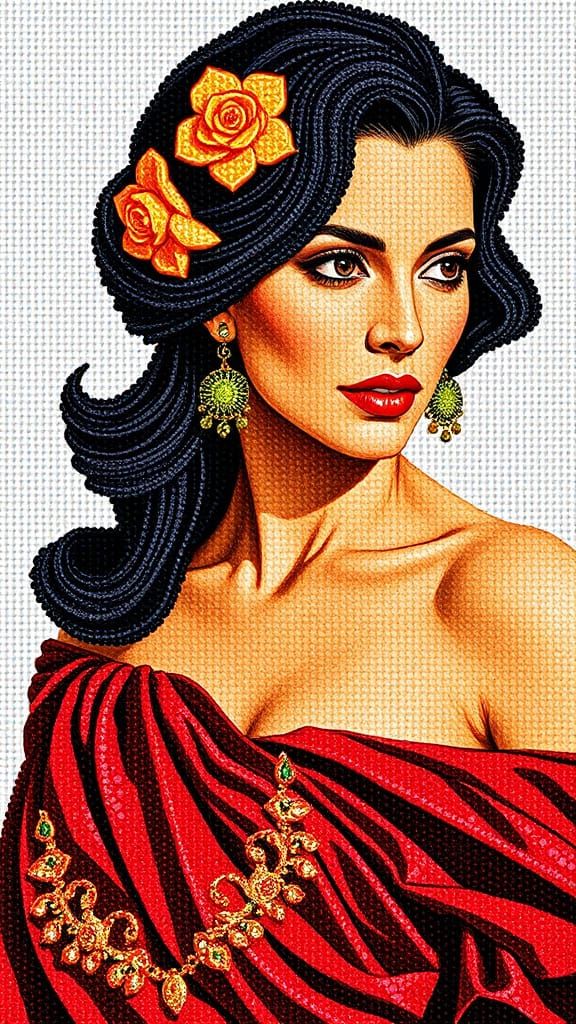 Beadwork Portrait of a Woman in Textured Dress
