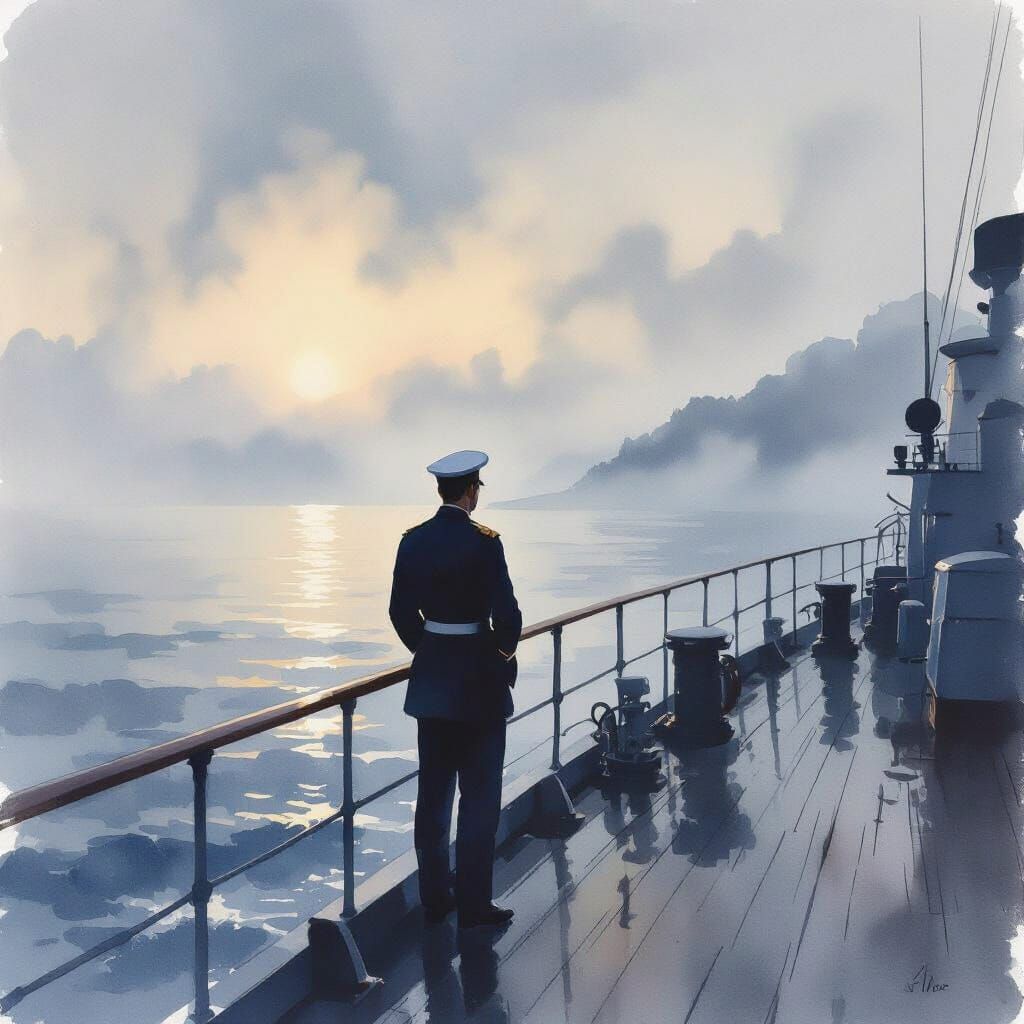 Naval Officer Gazes at Misty Ocean at Dawn in Watercolor Sty...