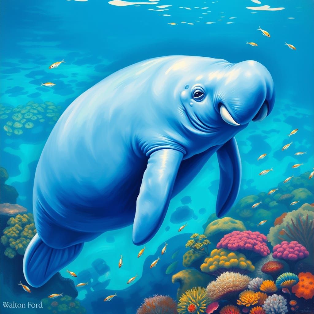 Vibrant Dreamlike Blue Manatee in Tropical Ocean
