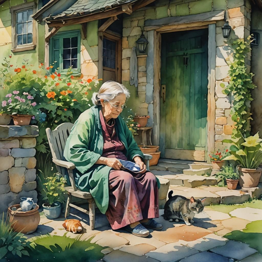 Watercolor Painting of Grandmother with Cat
