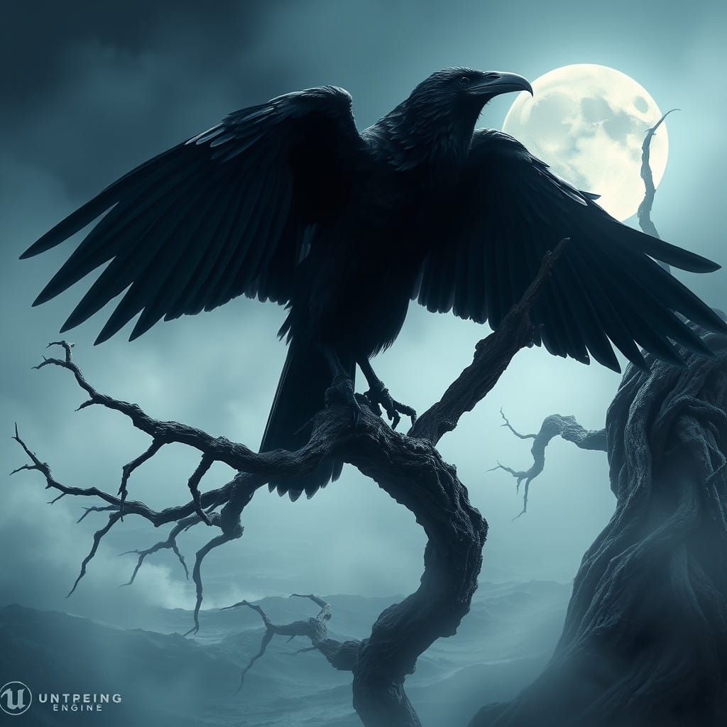 Majestic Raven Silhouette on Twisted Tree Branch