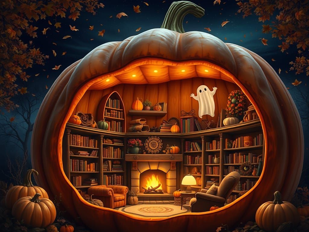 Cozy Pumpkin Room with Friendly Ghost in Autumn Ambiance