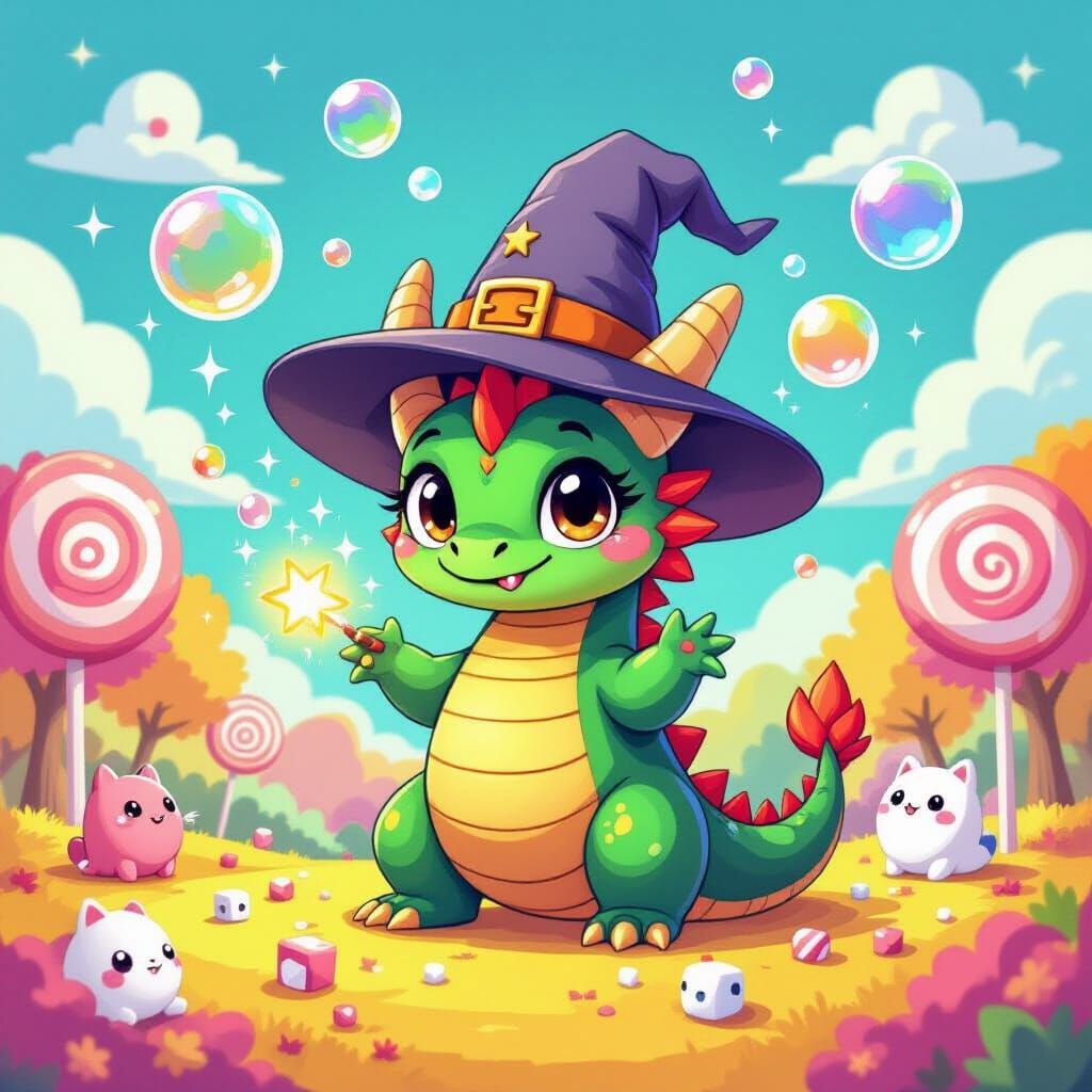 Whimsical Cartoon Dragon Wizard in Candy Land