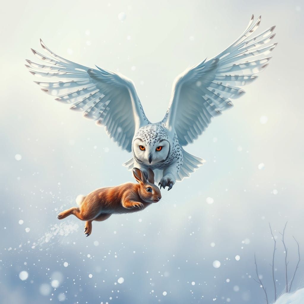 Majestic Snow Owl Hunts Swift Rabbit Amidst Winter Snow