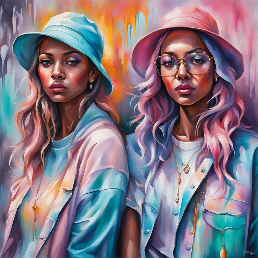 Pastel Harmony: Young Women in Graffiti Art Style