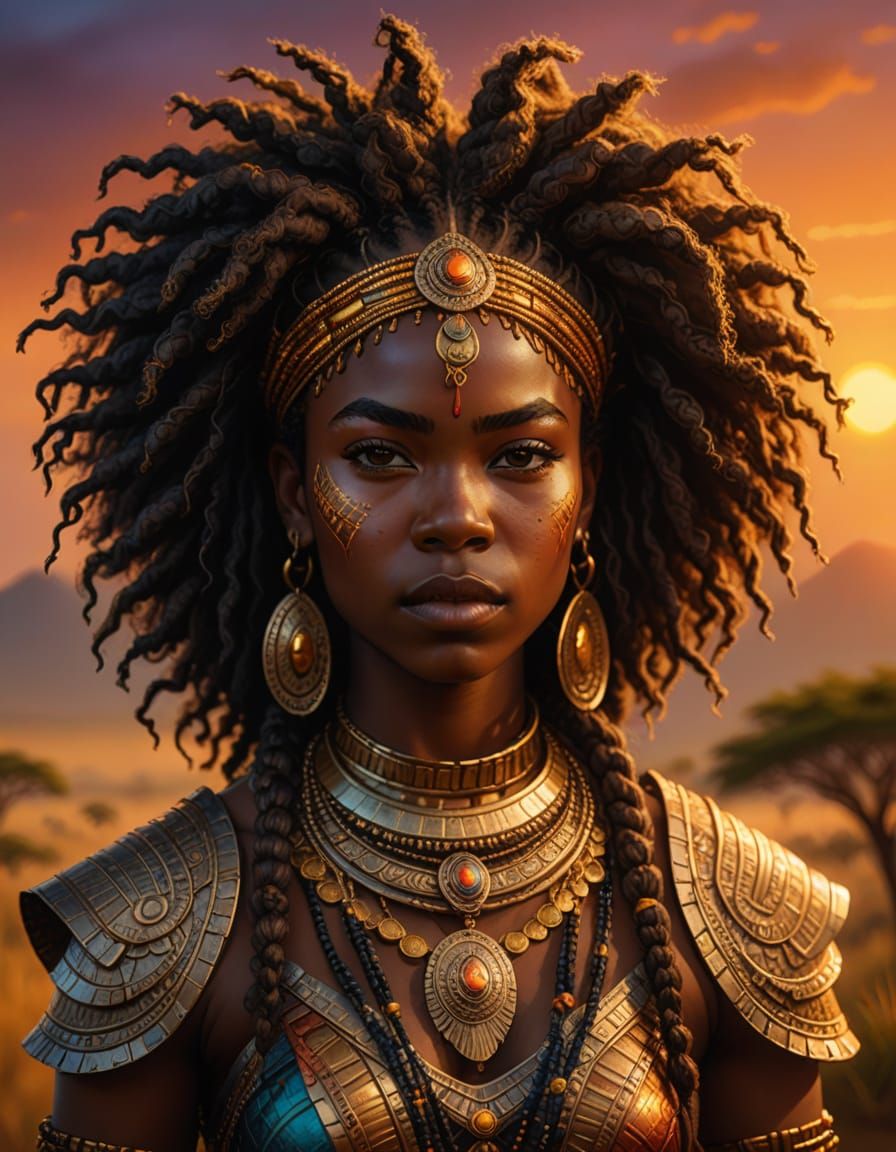 Vibrant Afro Ebo Warrior Princess in Golden Light