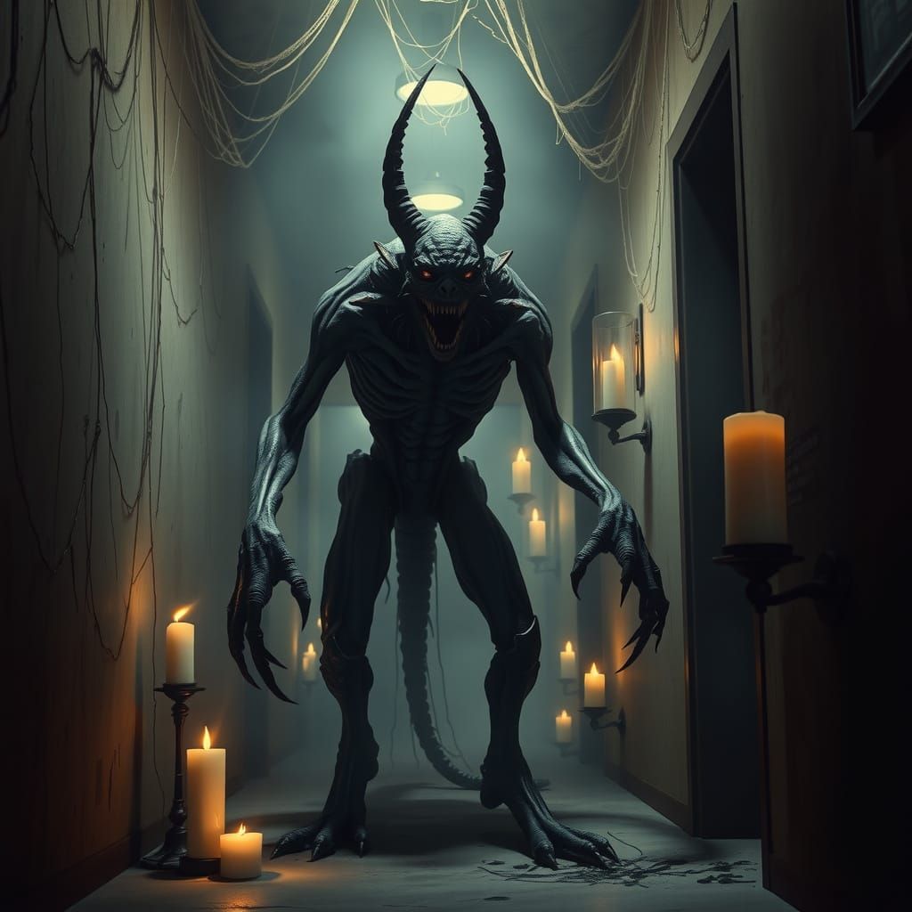 Biomechanical Horror Figure in Dark, Ominous Hallway