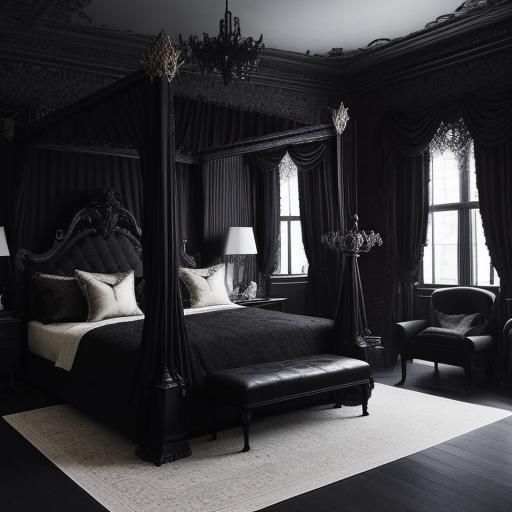 Gothic Gargoyle in a Black and Purple Master Bedroom