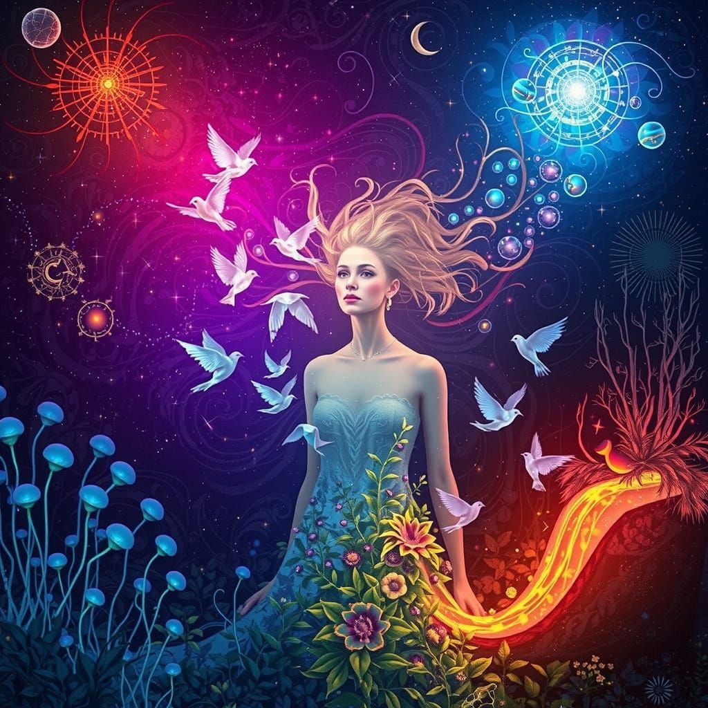 Ethereal Woman with Cosmic Birds in Surreal Style
