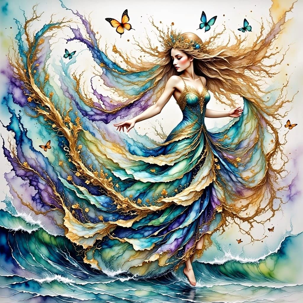 Ethereal Woman Dancing on Ocean Waves in Art Nouveau Style